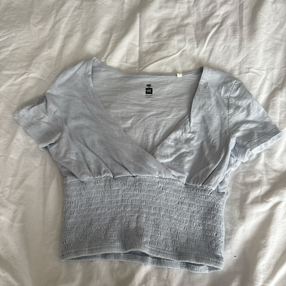 Me to We Light Blue Smocked V-Neck Crop Top